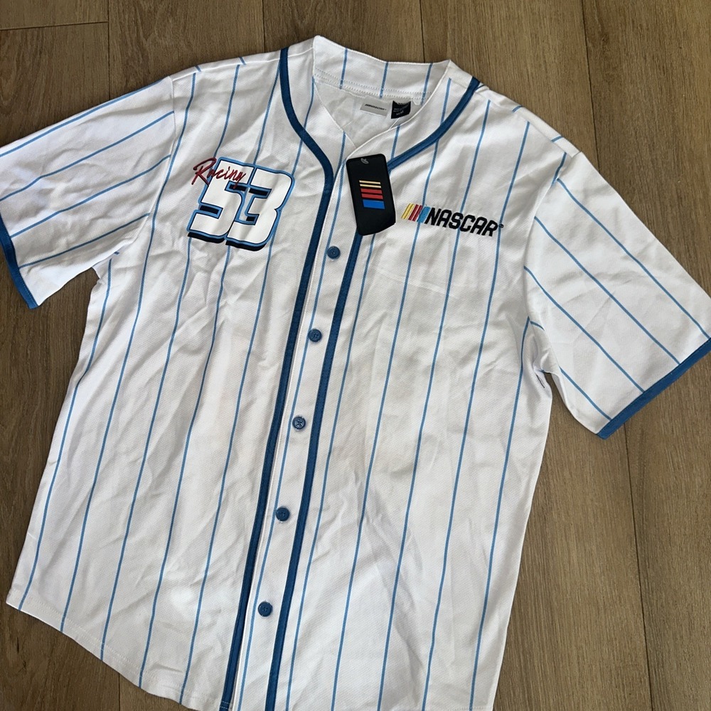 NASCAR Racing 53 Baseball Graphic Jersey White Pinstripe Button Up Men's Medium